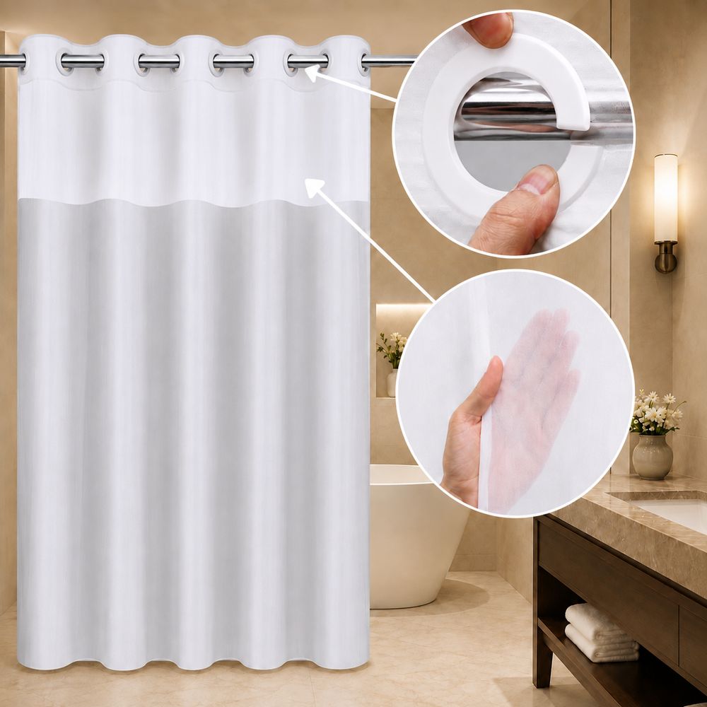 White hookless hotel shower curtain with sheer window and integrated snap rings for hotels, motels, resorts and guest bathrooms.