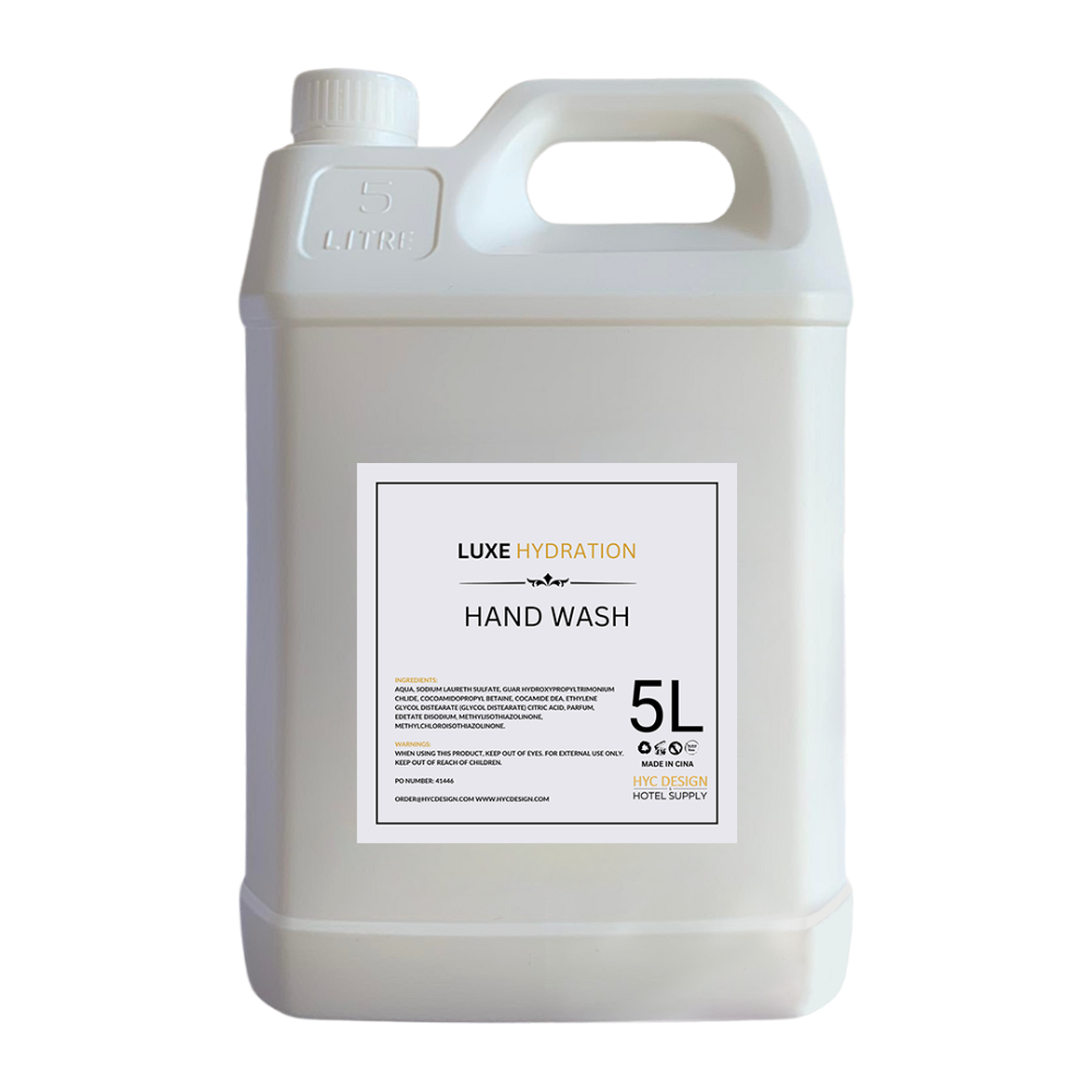 Large-capacity 5L hand wash refill bottle designed for hotel bathrooms and short-term rentals with refillable wall dispensers