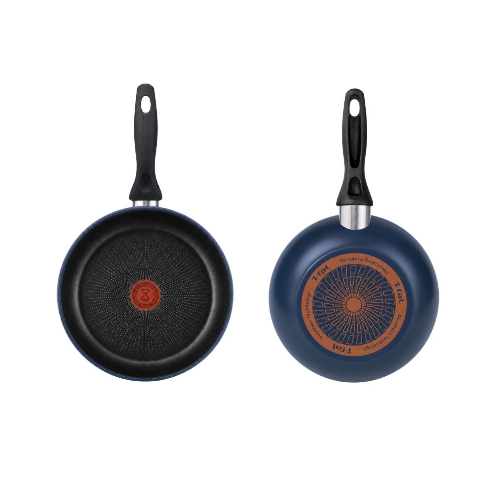 Blue T-fal nonstick skillet with Durabase bottom for hospitality properties, rental kitchens and furnished accommodations.