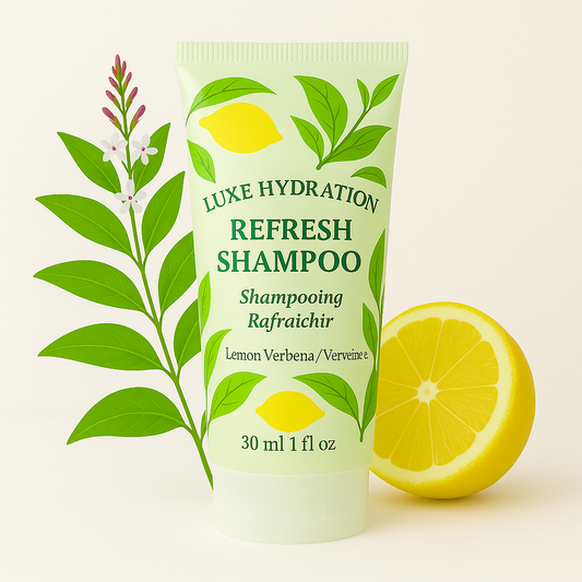30ml luxe hydration lemon verbena shampoo for hotels and Airbnb guests. Ideal for luxury hospitality kits and bulk guest toiletries.

