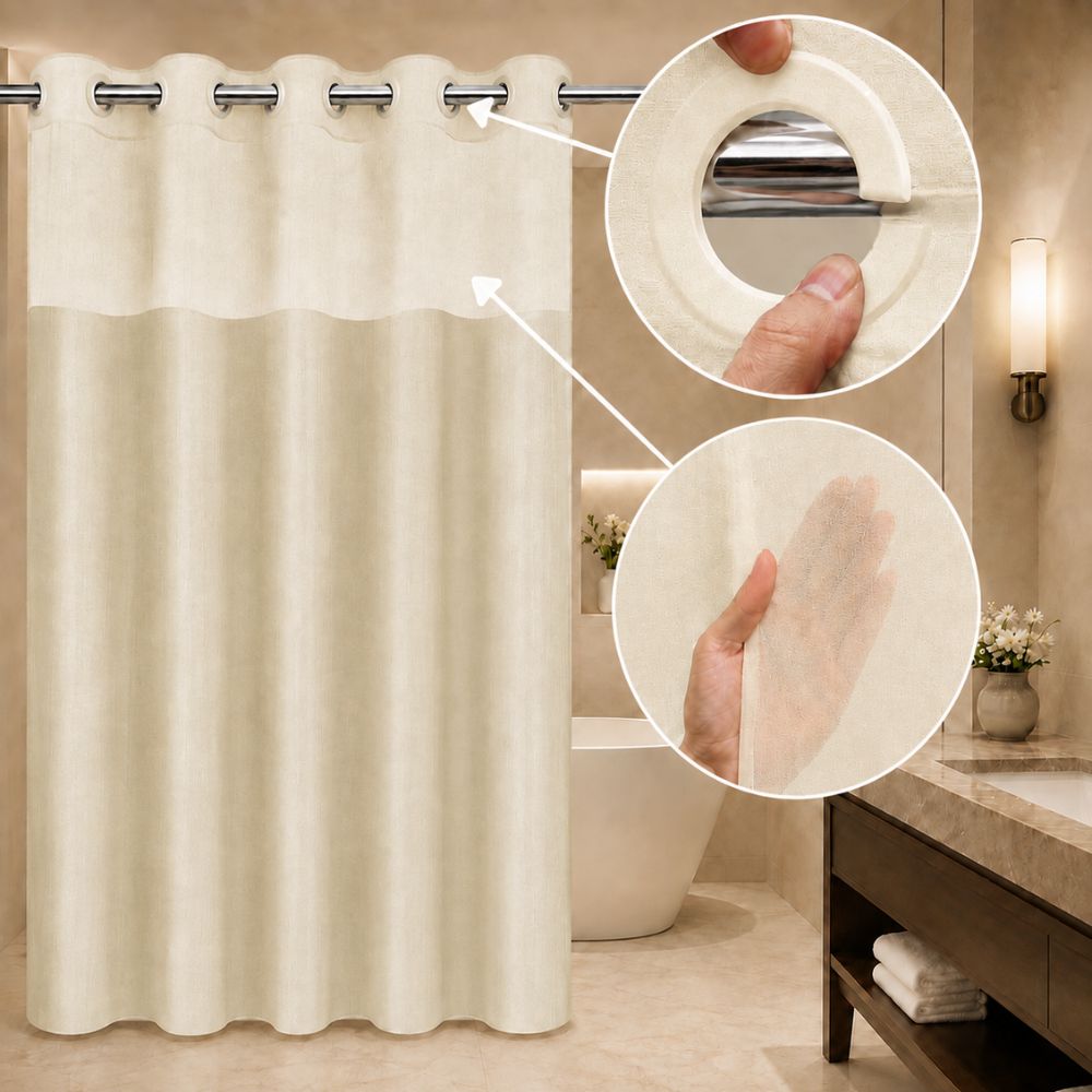 Beige hookless hotel shower curtain with sheer window and snap rings, designed for hotels, motels, resorts and hospitality bathrooms.
