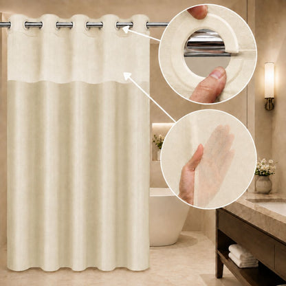 Beige hookless hotel shower curtain with sheer window and snap rings, designed for hotels, motels, resorts and hospitality bathrooms.
