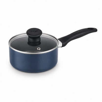 T-fal blue nonstick saucepan with glass lid for hotel suites, vacation rentals, furnished apartments and hospitality kitchens.