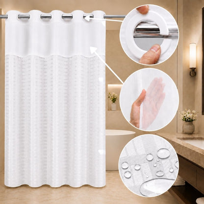 White lattice hookless hotel shower curtain with sheer window, snap rings and water-resistant fabric for hospitality bathrooms.