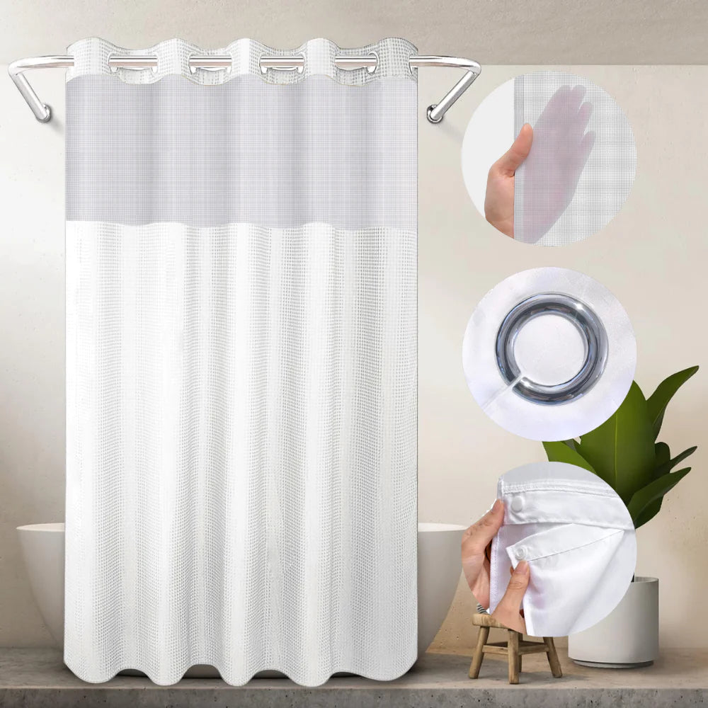 Heavy Duty Hook Less 2 Piece Chrome Rings Shower Curtain with Translucent Window & Removable Snap-On Liner - 3D Waffle - Off White