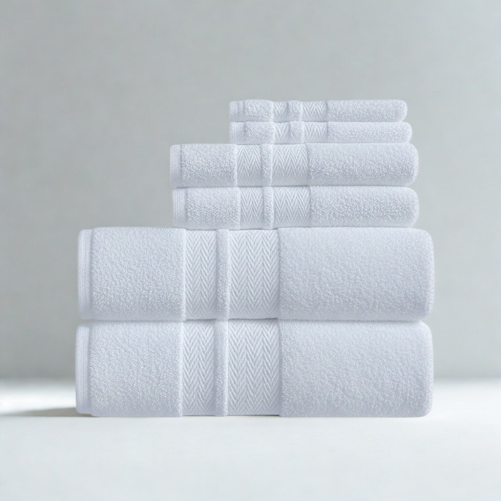 Bath towel ensemble, cotton linens for hotels, guest suites, and commercial bathroom supply