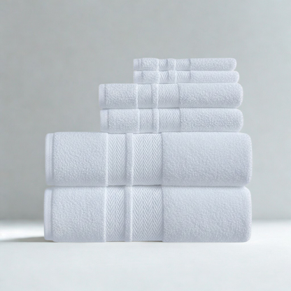 Bath towel ensemble, cotton linens for hotels, guest suites, and commercial bathroom supply