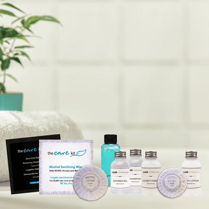 Luxe ELITE - Hydration Personal Care Amenity (Combo17) Sustainable hotel amenities for hotels Travel-size hotel Combo of Soap, Shower Gel, Shampoo, Conditioner, Body Lotion, All-in-One Make-up Wipe, Mouth Wash, and Alcohol Sanitizing Wipe in bulk quantities.