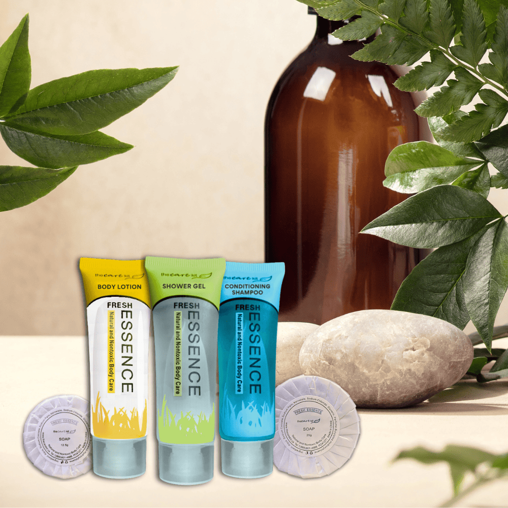 Eco-friendly hotel amenities Shampoo, shower gel, lotion, and two sizes of soap for pampering personal care.