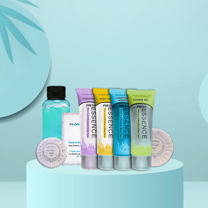 Travel-ready hotel mini toiletries, including soap and conditioner in bulk. Combo of Shampoo, Shower Gel, Lotion, Conditioner, Mouthwash, two sizes of Soaps, and Alcohol Wipe, designed to offer complete personal care.