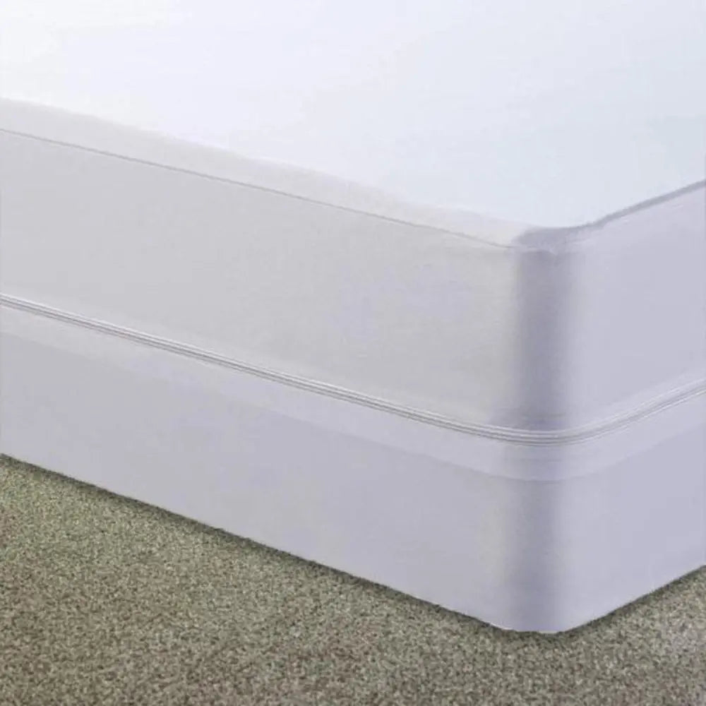 Durable zippered box spring encasement made from microfiber fabric, ideal for hotel and property bedding protection