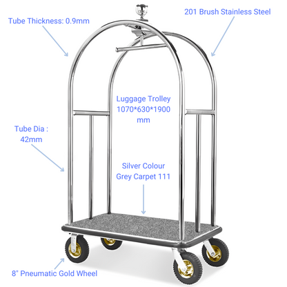 Stainless Steel Birdcage Luggage Trolley - Chrome - Measurements