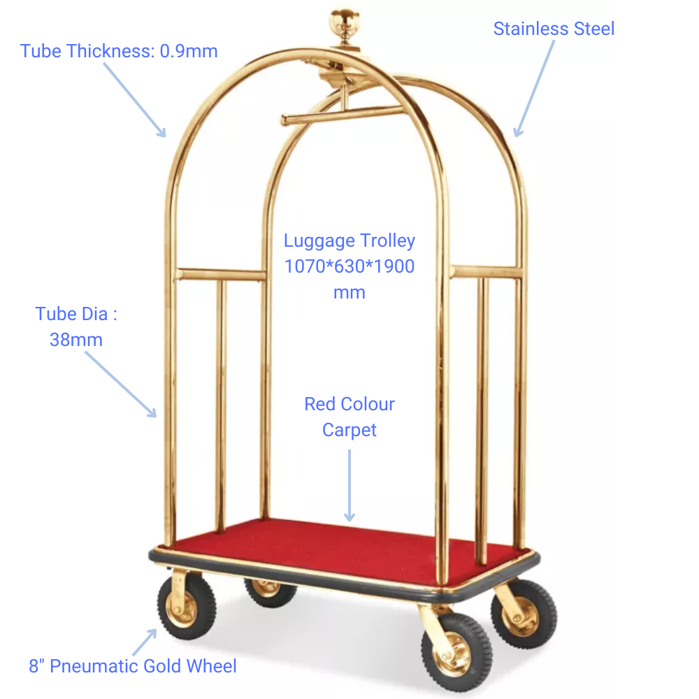 Stainless Steel Birdcage Luggage Trolley - Gold - Measurements