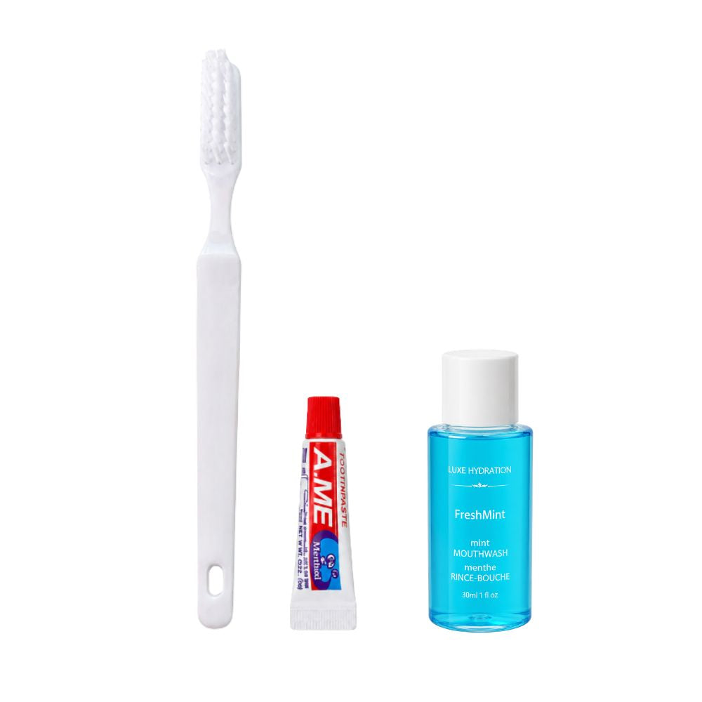 Hotel dental amenity kit with individually sized toothbrush, toothpaste and FreshMint mouthwash for hotels, motels, resorts and guest rooms.