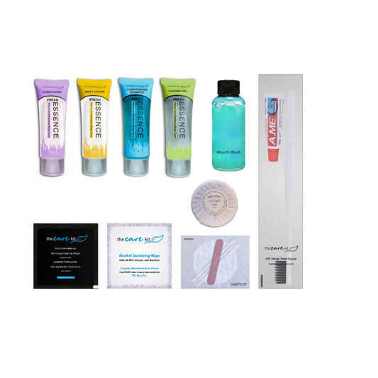 Combo of Shampoo, Shower Gel, Lotion, Conditioner, Mouthwash, Make-up Wipe, Soap, Vanity Kit, Dental Kit, and Small Alcohol Wipe. Offers a luxurious and refreshing experience for hospitality or business settings.