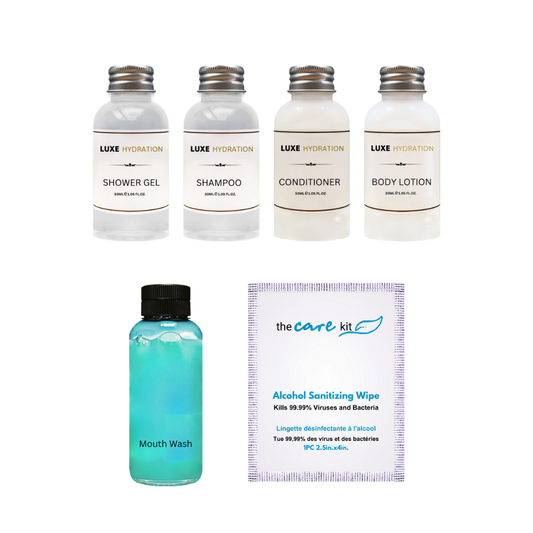 Luxury hotel guest amenities Combo of Shower Gel, Shampoo, Conditioner, Body Lotion, Conditioner, Mouthwash, Make-up Wipe