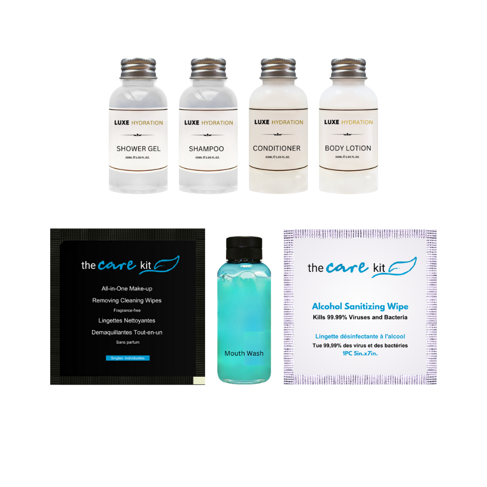 Personal care amenities for hotels Travel-size hotel Combo of Shower Gel, Shampoo, Conditioner, Body Lotion, All-in-One Make-up Wipe, Mouth Wash, and Alcohol Sanitizing Wipe in bulk quantities.