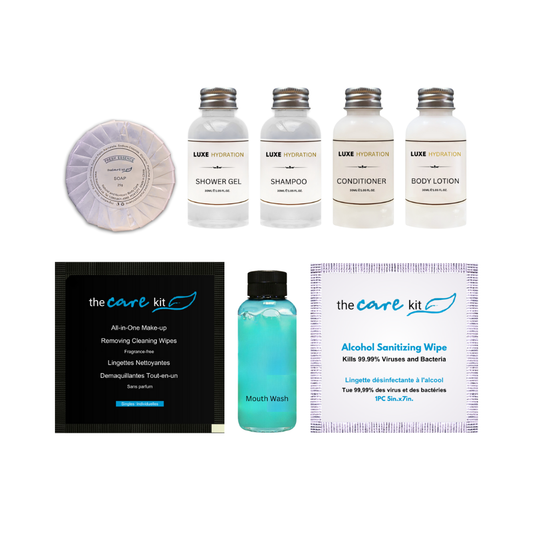 Sustainable hotel amenities for hotels Travel-size hotel Combo of Soap, Shower Gel, Shampoo, Conditioner, Body Lotion, All-in-One Make-up Wipe, Mouth Wash, and Alcohol Sanitizing Wipe in bulk quantities.