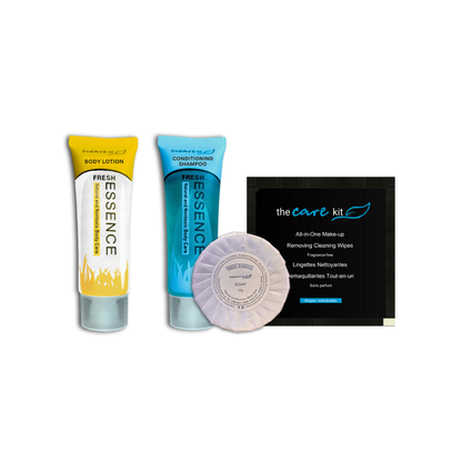 Combo with lotion, shampoo, soap, and make-up wipe. Individually wrapped for enhanced hygiene and convenience, providing a seamless solution for hotels, villas, and spas.