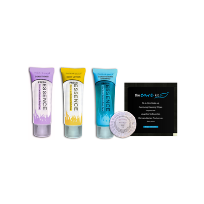 Combo with lotion, shampoo, conditioner, makeup remover wipe, and body soap. Provides a complete set of essentials for a refreshing and convenient travel experience.