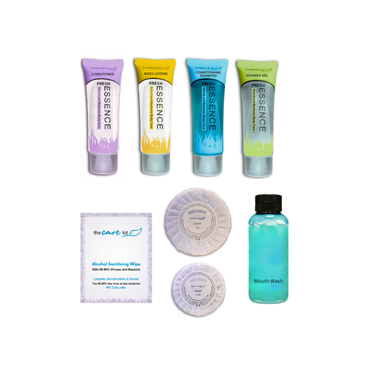 Combo of Shampoo, Shower Gel, Lotion, Conditioner, Mouthwash, two sizes of Soaps, and Alcohol Wipe, designed to offer complete personal care, suitable for hotels, Airbnb, and other hospitality or business settings.