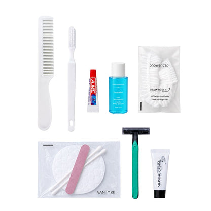Complete hotel amenity set with dental kit, mouthwash, comb, shower cap, vanity kit, razor and shaving cream for hospitality properties.