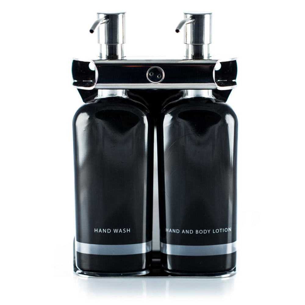 Double 240ml Stainless Steel Hotel Liquid Amenities Holder/Fixture with Tamper Resistant Locking System - Black - Hand Wash and Hand & Body Lotion