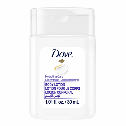 Dove body lotion 30ml hydrating care mini bottle, hotel amenity for guest rooms, resorts, and hospitality use