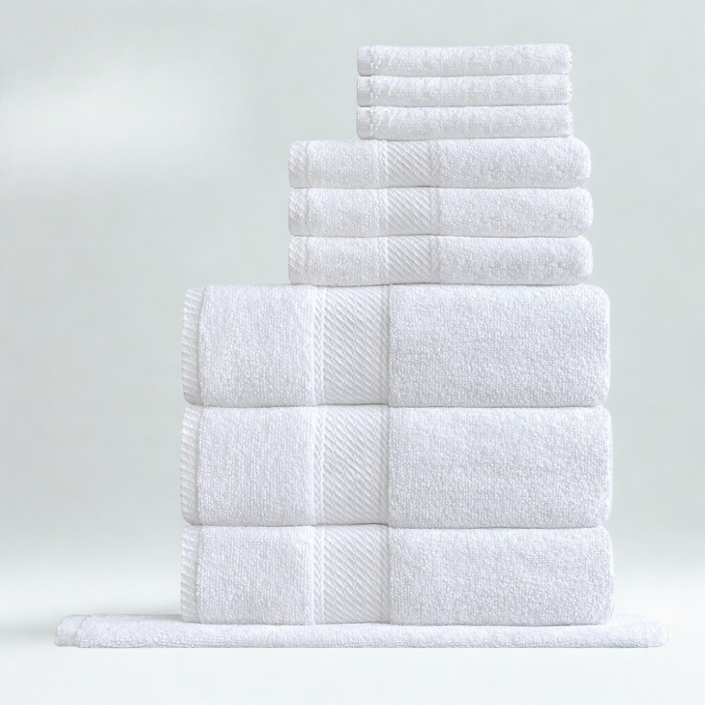 Hotel bath linen kit, absorbent towel grouping for guest rooms and commercial use