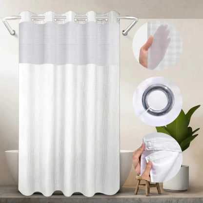 Hotel-grade hookless chrome shower curtain with translucent window and snap-on liner for efficient housekeeping use