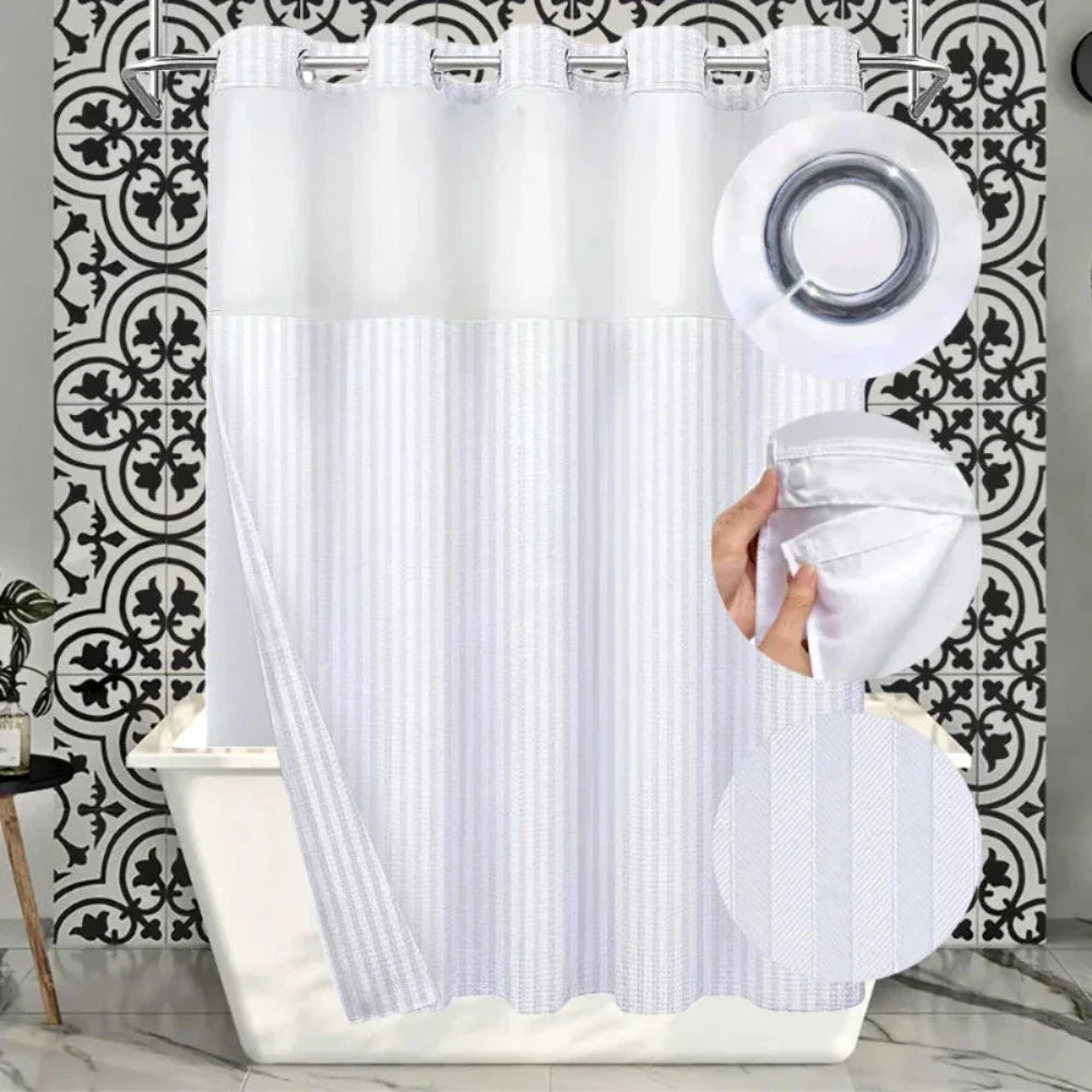 Durable waffle fabric shower curtain with chrome hookless design and replaceable snap-on liner for hospitality bathrooms