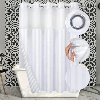 Durable waffle fabric shower curtain with chrome hookless design and replaceable snap-on liner for hospitality bathrooms