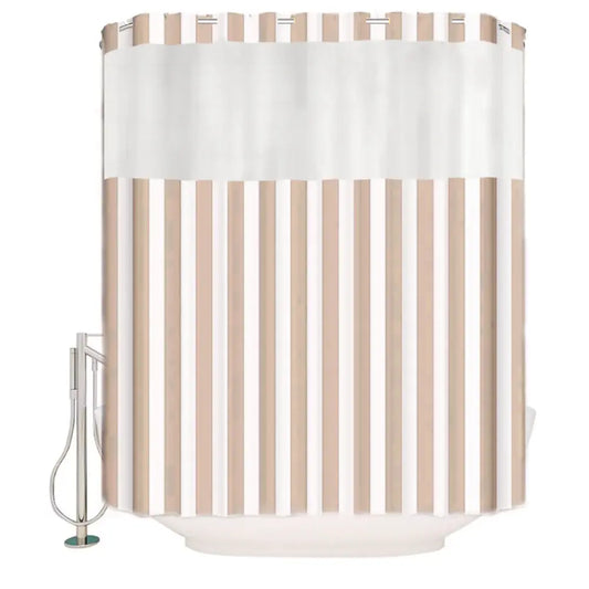Hook Less Ivory Stripes Shower Curtain 2 Piece with Translucent Window & Removable Snap-On Liner