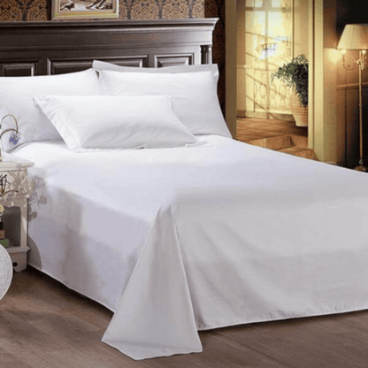 Commercial white king flat sheet with 52% polyester and 48% modal fabric, ideal for hotels and resorts