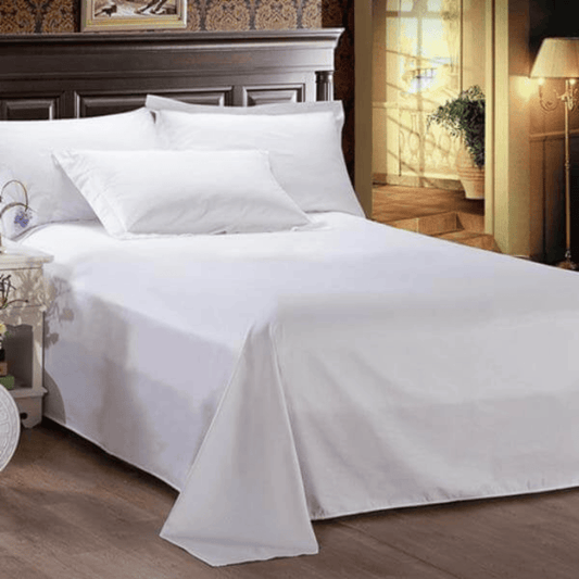 Commercial white king flat sheet with 52% polyester and 48% modal fabric, ideal for hotels and resorts