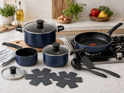 T-fal cookware collection in a modern kitchen, ideal for hotels, extended-stay suites, Airbnbs and furnished rental properties.