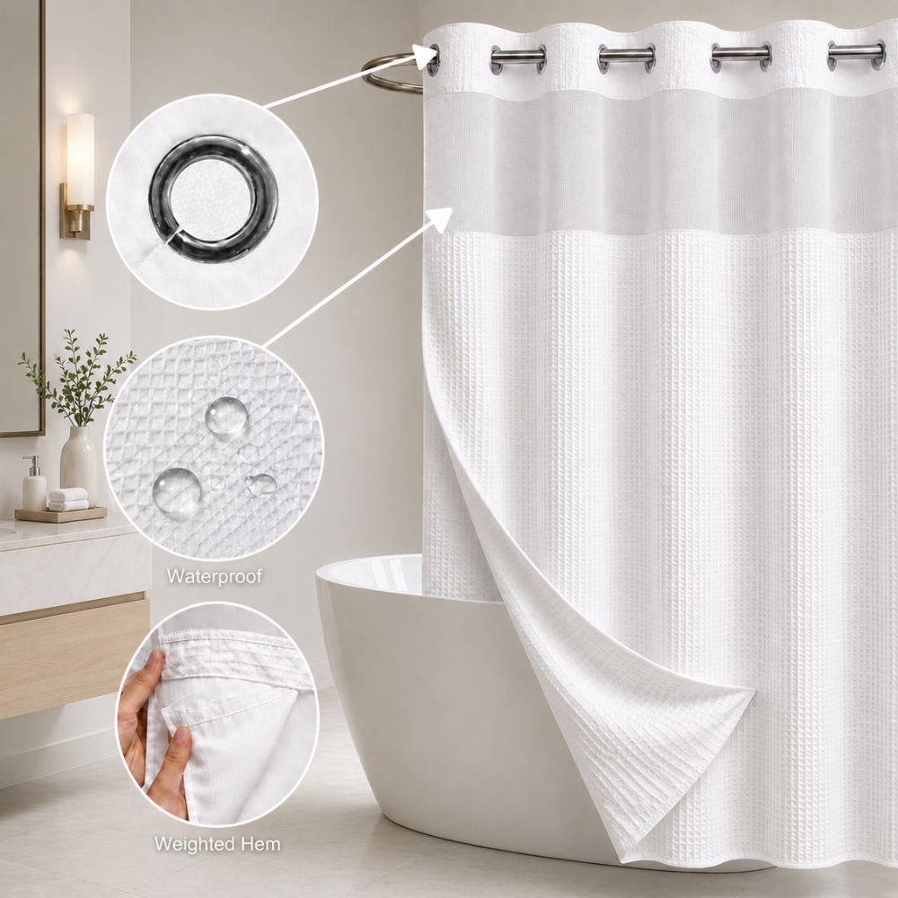 White waffle weave shower curtain with metal grommets, waterproof fabric and weighted hem, ideal for hotels, motels, resorts, inns and hospitality bathrooms.