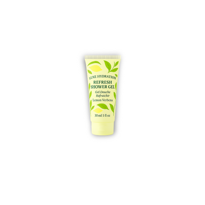 Bulk hospitality shower gel in 30ml lemon verbena formula, perfect for hotel guest bathrooms and travel toiletry sets