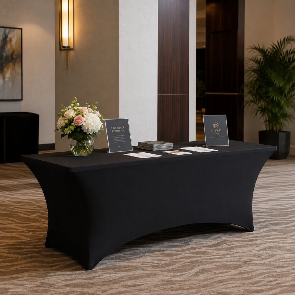 Black fitted spandex banquet table cover displayed in a professional hotel or event venue setup, ideal for registration, catering and trade show tables.