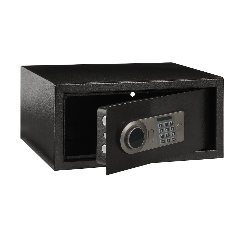 Secure electric lock safe box for hotels, motels, and resorts, supporting key and digital code access