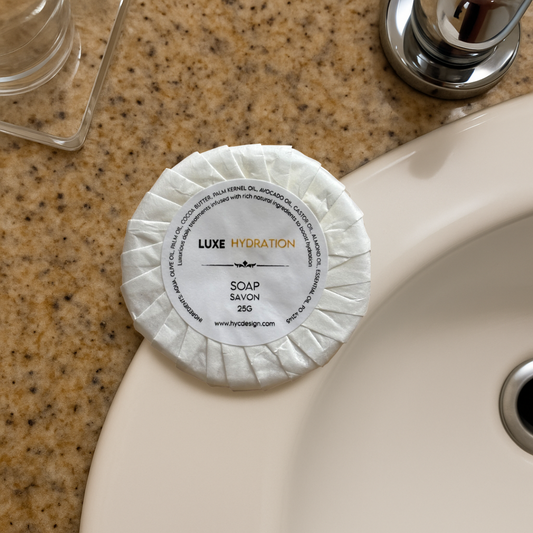 25g Luxe Hydration Soap, compact and elegantly wrapped ideal for guests, travel, or Airbnb stays.