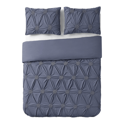 Luxurious 3pc Floral Ruched Duvet Cover Set - Navy