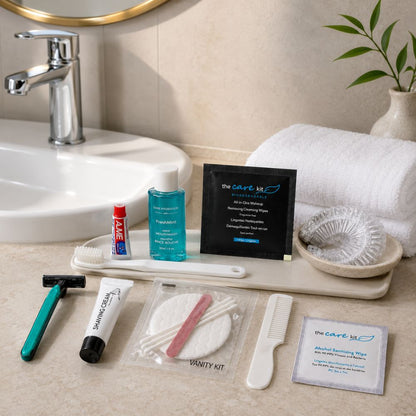 Hotel personal care amenity collection with oral care, shaving, vanity, grooming and hygiene essentials in a bathroom setting.