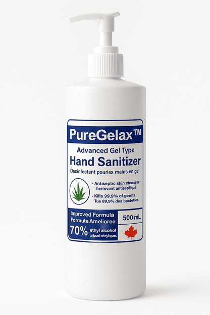 Pure Gelax 500 mL hand sanitizer gel with pump, 70% alcohol, for hotels, resorts, and hospitality use.