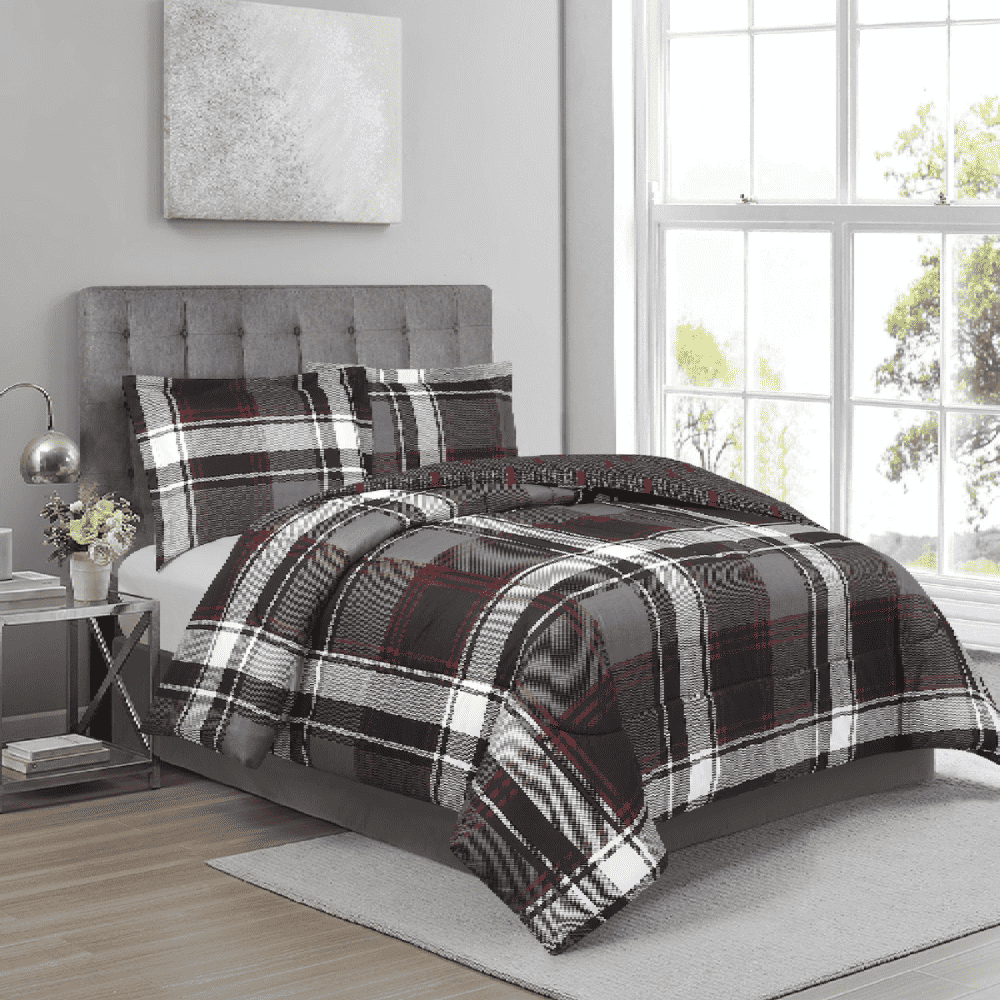 3 Pieces Liam Plaid Bedding Comforter Set, Microfiber - Black, White & Grey