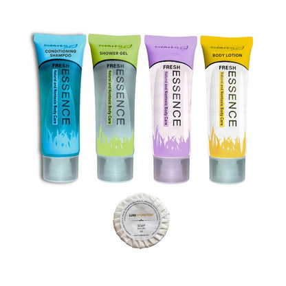 Fresh Essence 5-piece hotel amenity set with shampoo, shower gel, body wash, body lotion and 13g soap for hospitality businesses.