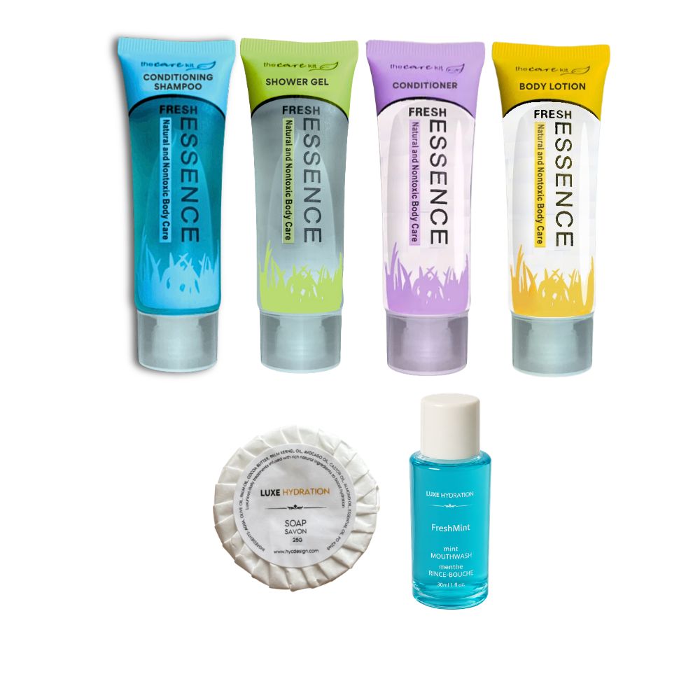 Fresh Essence hotel amenity set with four toiletries, 25g soap and 30 ml FreshMint mouthwash for hotels, motels, resorts and Airbnbs.