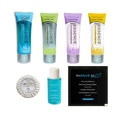 Hospitality guest amenity kit with Fresh Essence toiletries, soap, mouthwash and makeup remover wipe for hotels and vacation rentals.