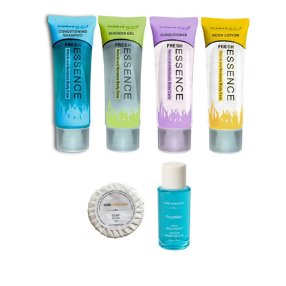 Fresh Essence six-piece hotel amenity kit with toiletries, guest 13g soap and 30 ml mouthwash for resorts, motels and Airbnbs.