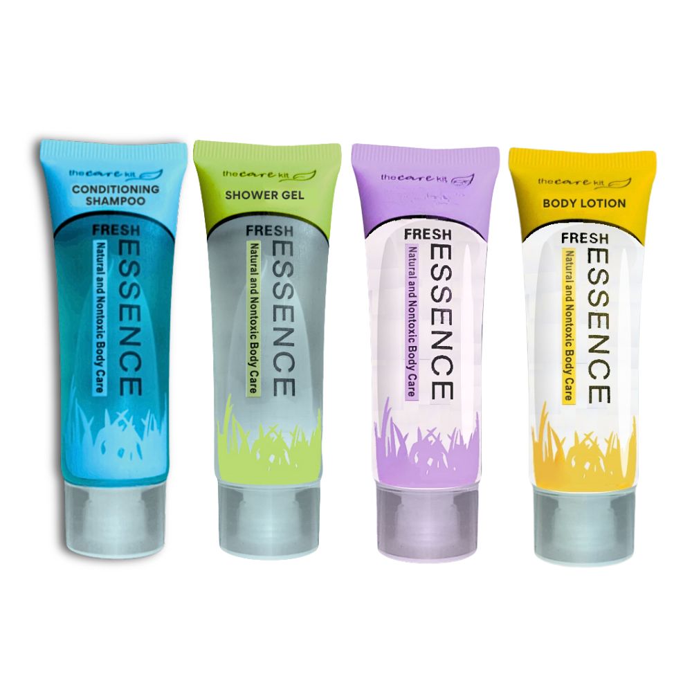 Fresh Essence hotel amenity set with conditioning shampoo, shower gel, body wash and body lotion for hotels, motels and resorts.